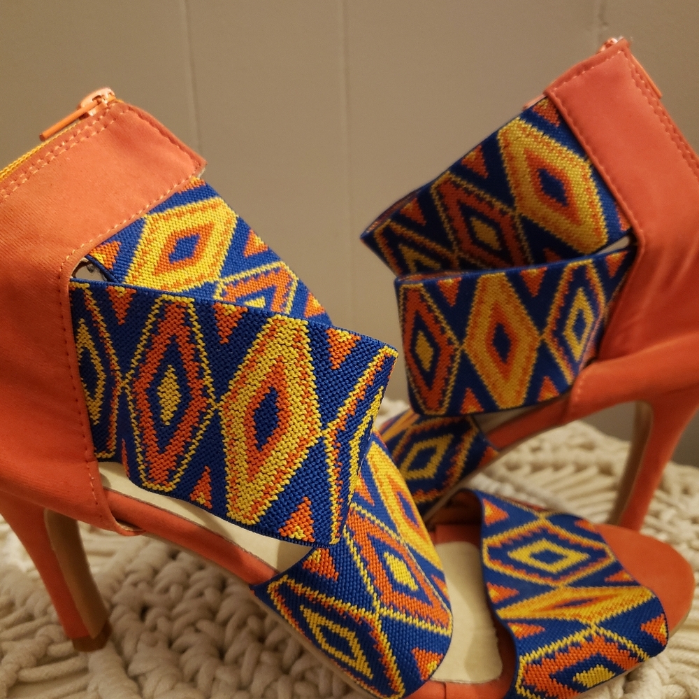 Vibrant Orange and Blue Patterned Women's Heels
